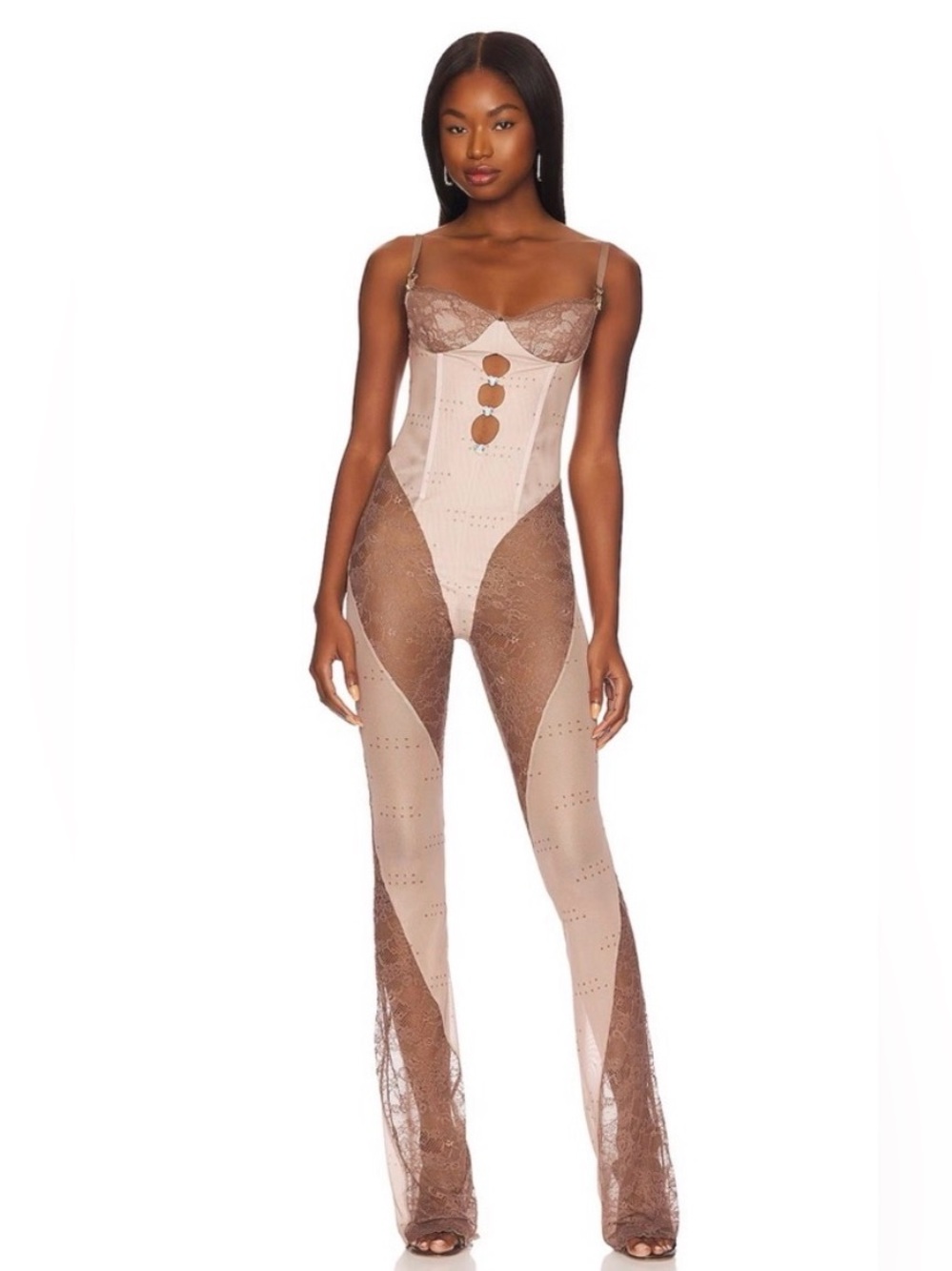 POSTER GIRL Lace Cutout Crystal Jumpsuit Brown Tan Size S NWT